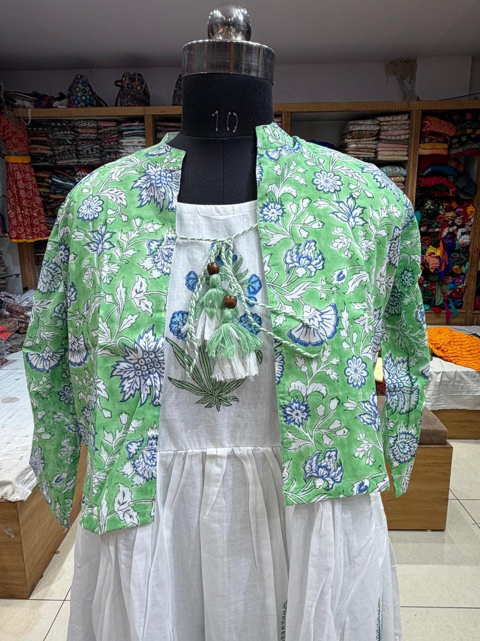 Hand Block Printed White Cotton Dress with Floral Koti Jacket | 2-Piece Boho Set