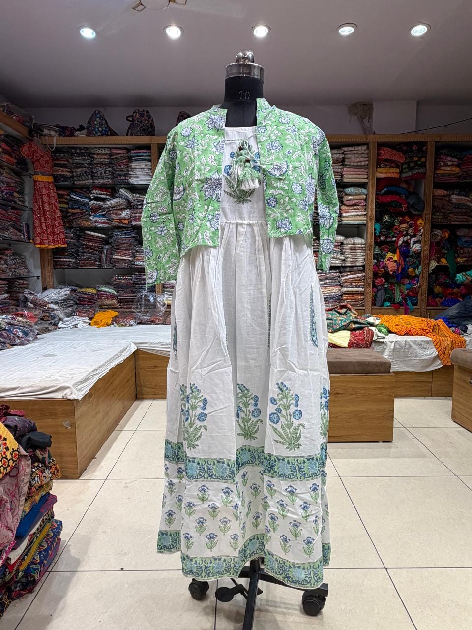 Hand Block Printed White Cotton Dress with Floral Koti Jacket | 2-Piece Boho Set