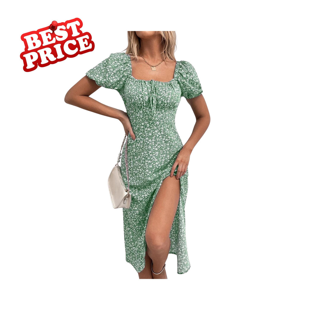 Boho Floral Summer Dress Women Puff Sleeve Square Neck Casual Ruched Split Thigh Outfit