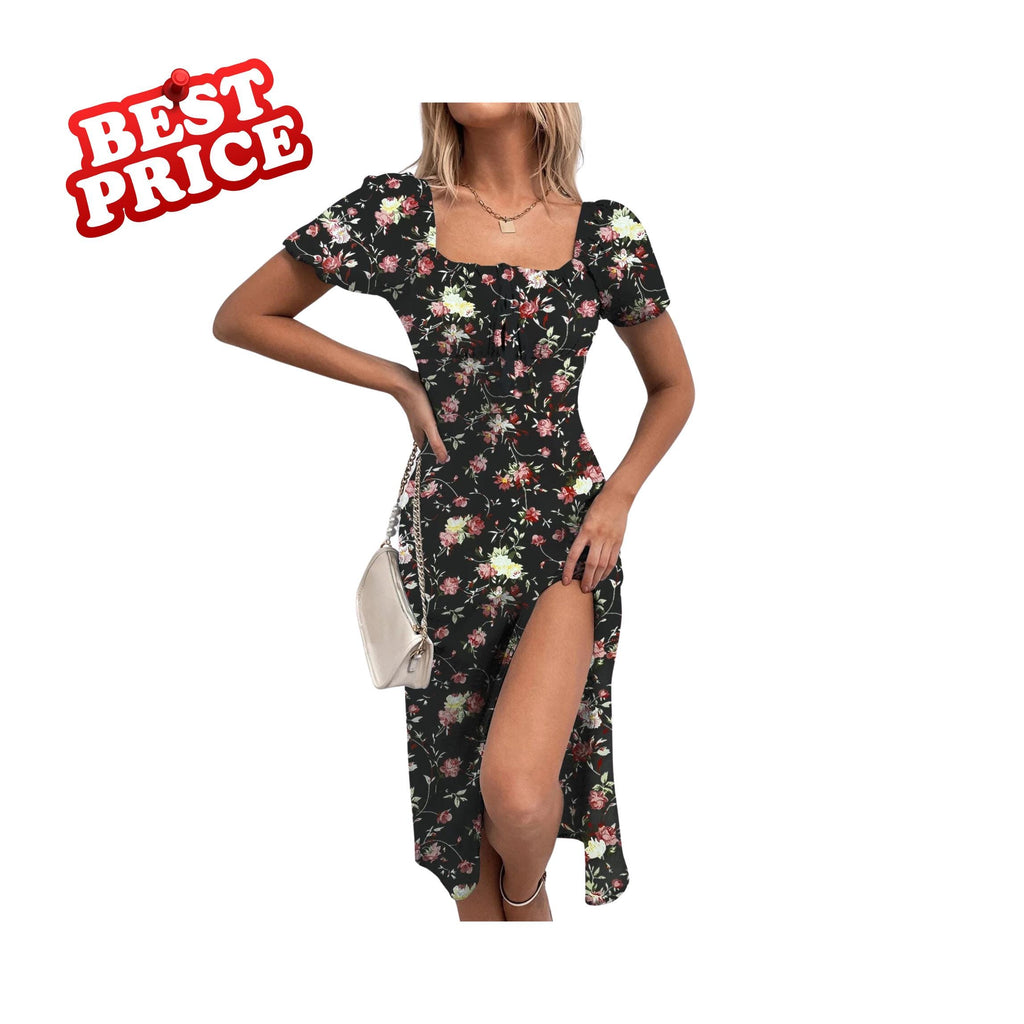 Boho Floral Summer Dress Women Puff Sleeve Square Neck Casual Ruched Split Thigh Outfit