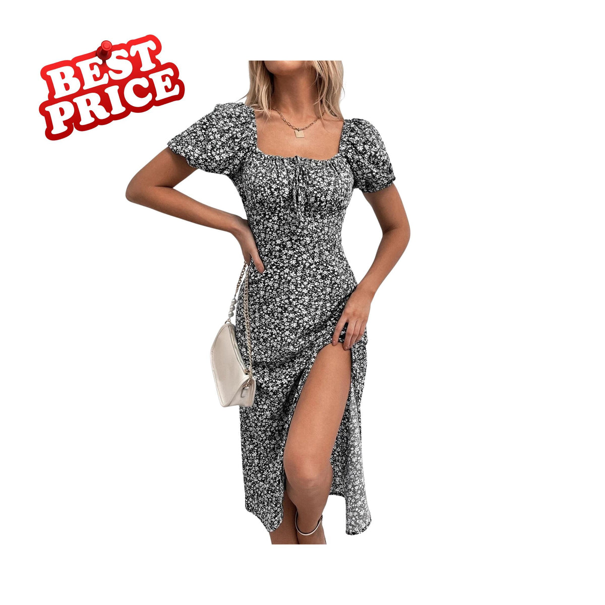 Boho Floral Summer Dress Women Puff Sleeve Square Neck Casual Ruched Split Thigh Outfit