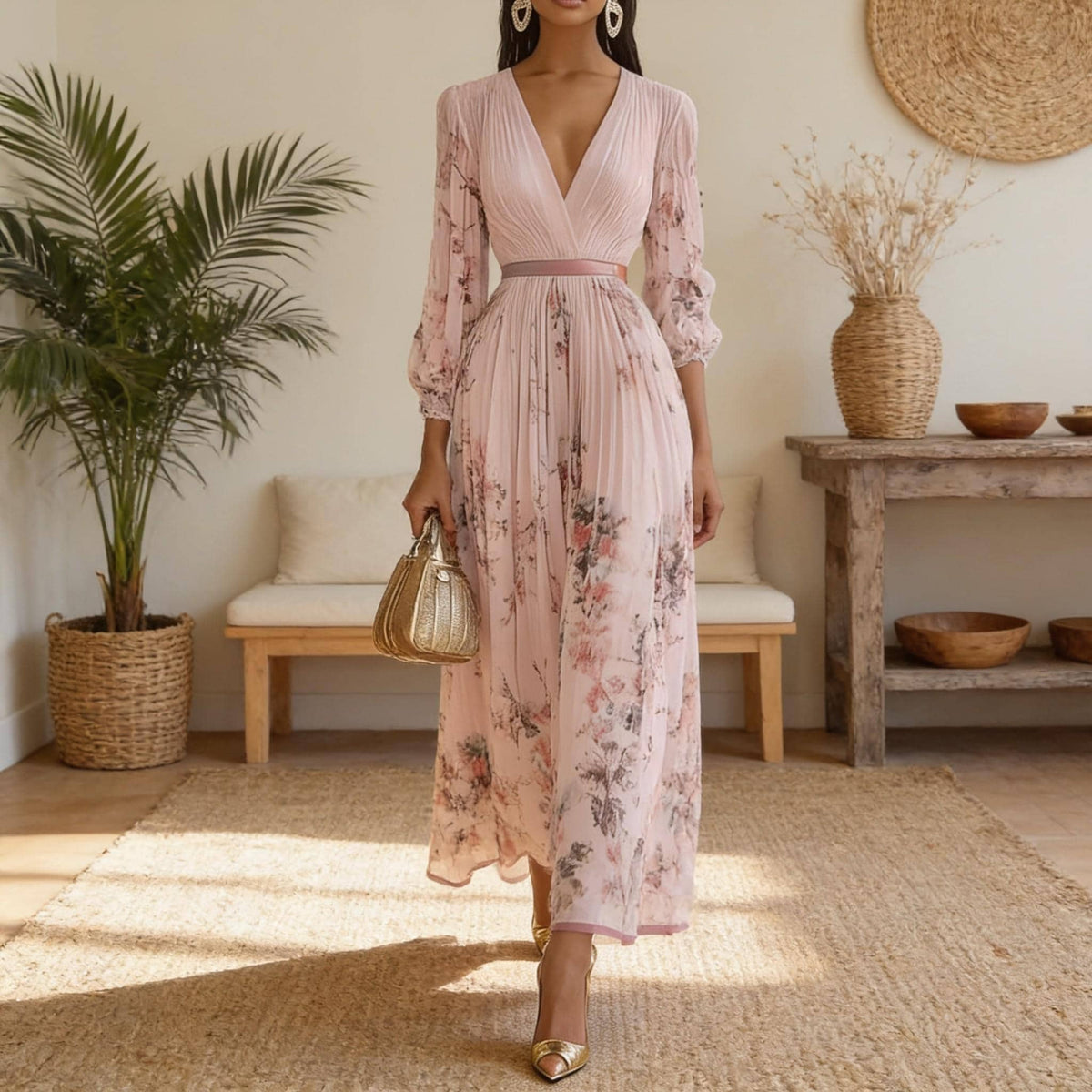 Floral V Neck Midi Dress for Women, Long Sleeve Pleated Dress, Elegant Boho Vacation Dress, Loose Fit Spring Summer Outfit