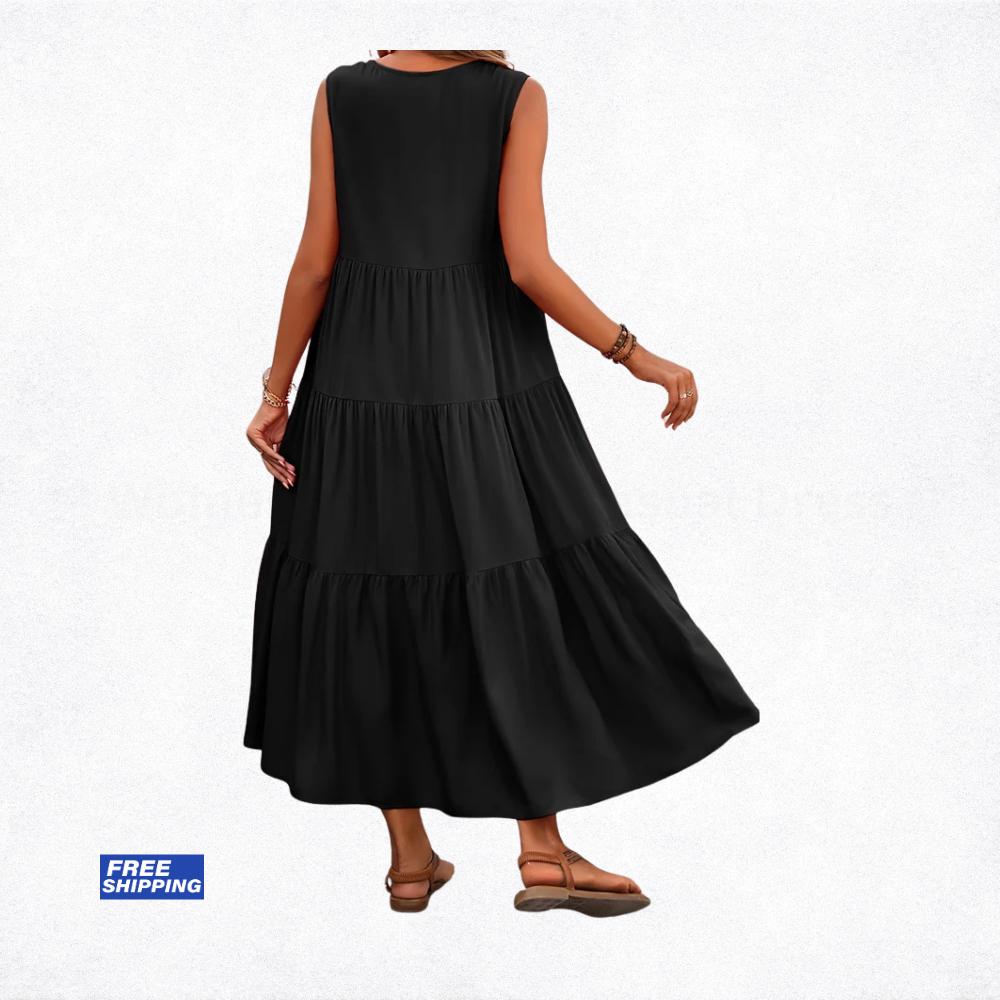 Women's Summer Midi Dress, Elegant Yellow Black Flowy Vacation Party Dress