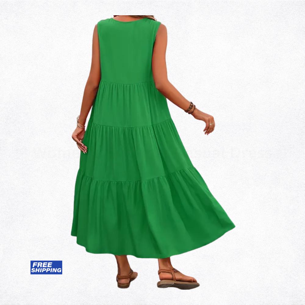 Women's Summer Midi Dress, Elegant Yellow Black Flowy Vacation Party Dress