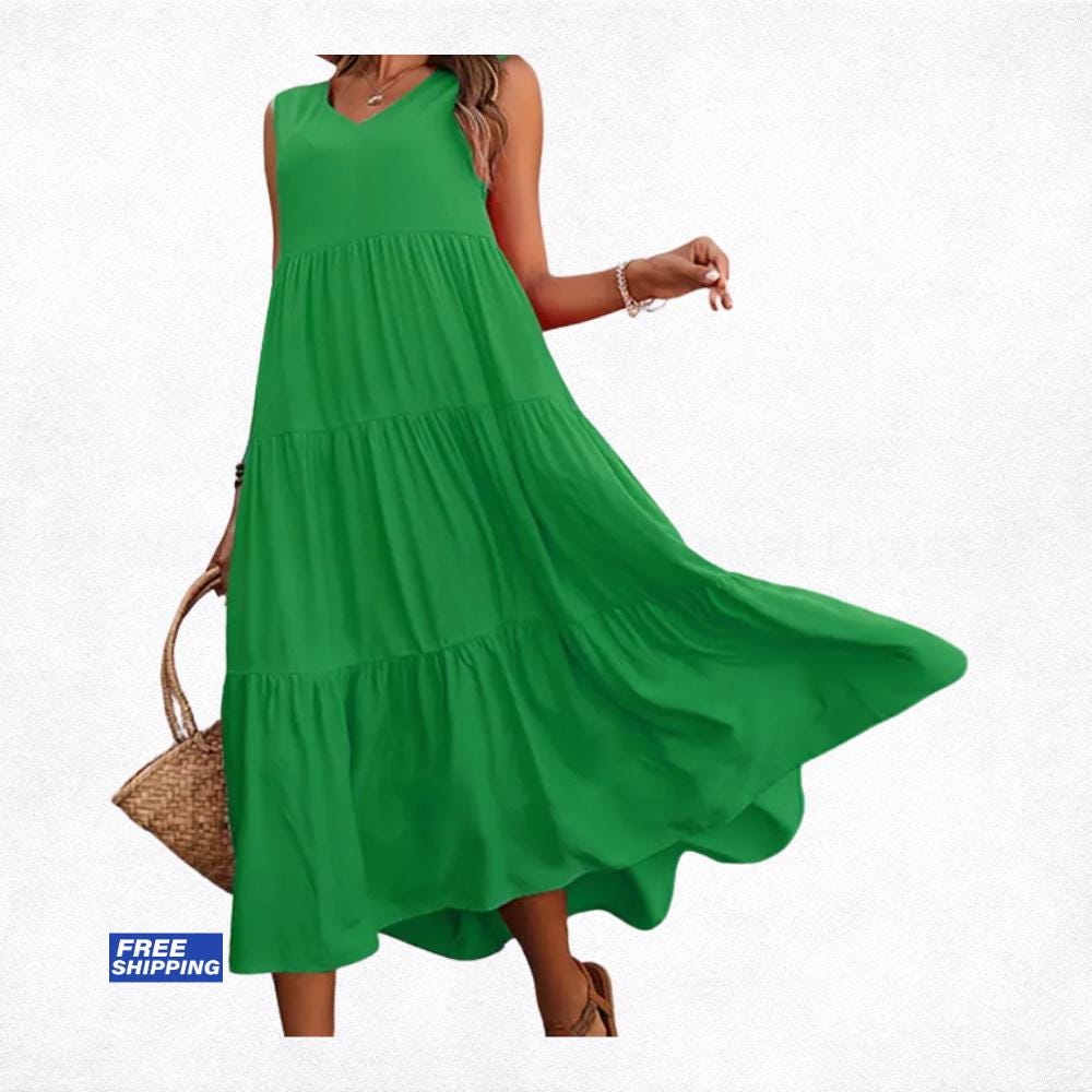 Women's Summer Midi Dress, Elegant Yellow Black Flowy Vacation Party Dress