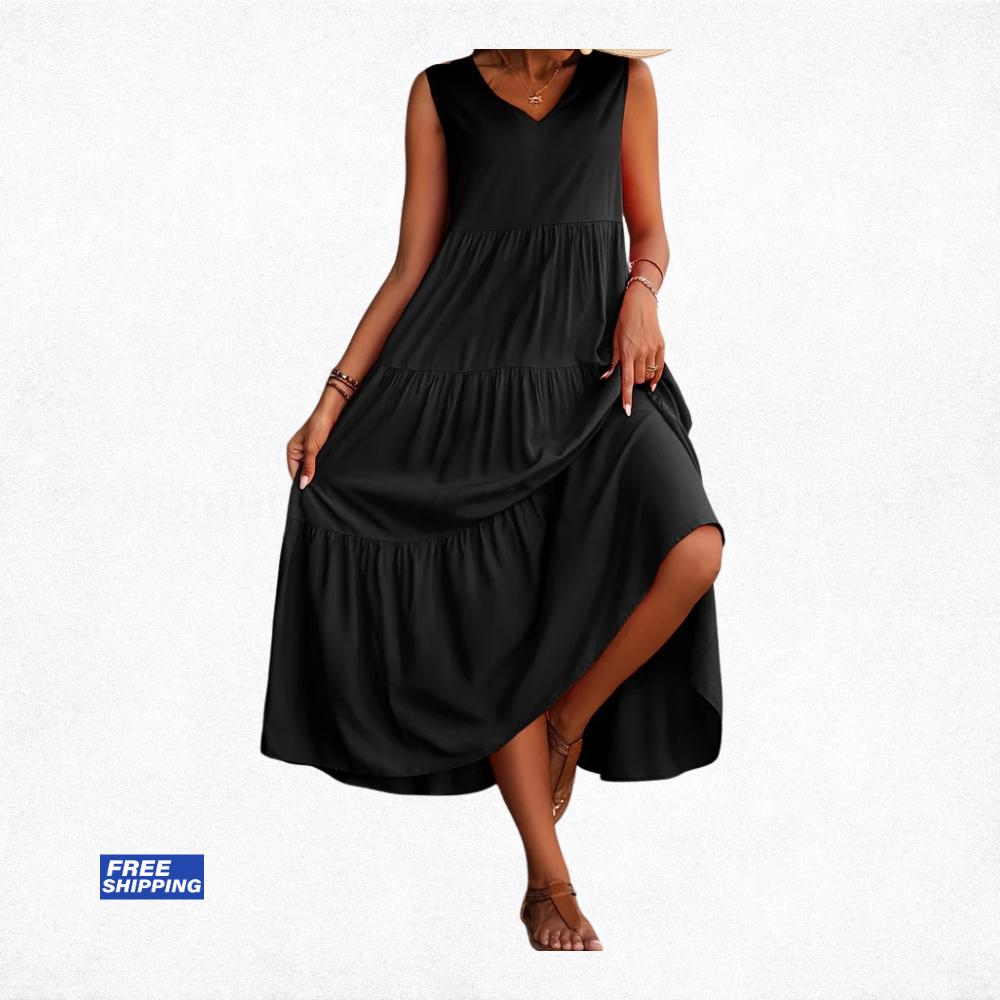 Women's Summer Midi Dress, Elegant Yellow Black Flowy Vacation Party Dress