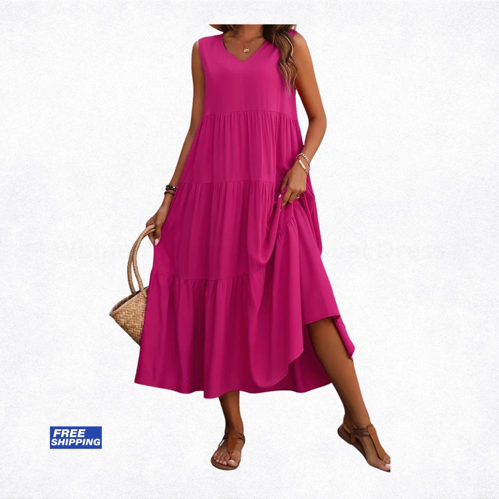Women's Summer Midi Dress, Elegant Yellow Black Flowy Vacation Party Dress