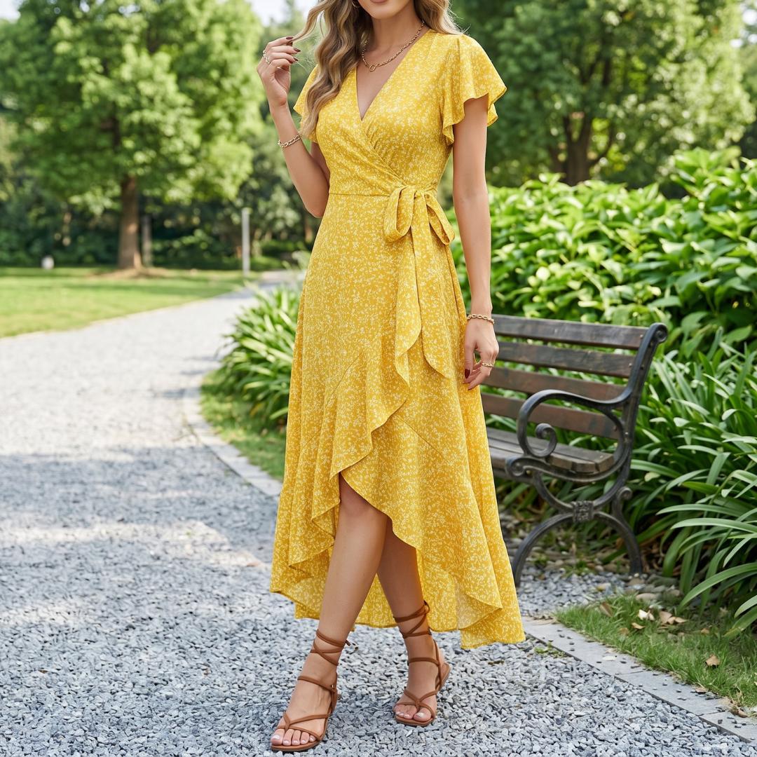 Floral Wrap Midi Dress | Asymmetrical Ruffle Hem Sundress | Flutter Sleeve V-Neck Gown | Summer Wedding Guest Outfit | Boho Garden Party