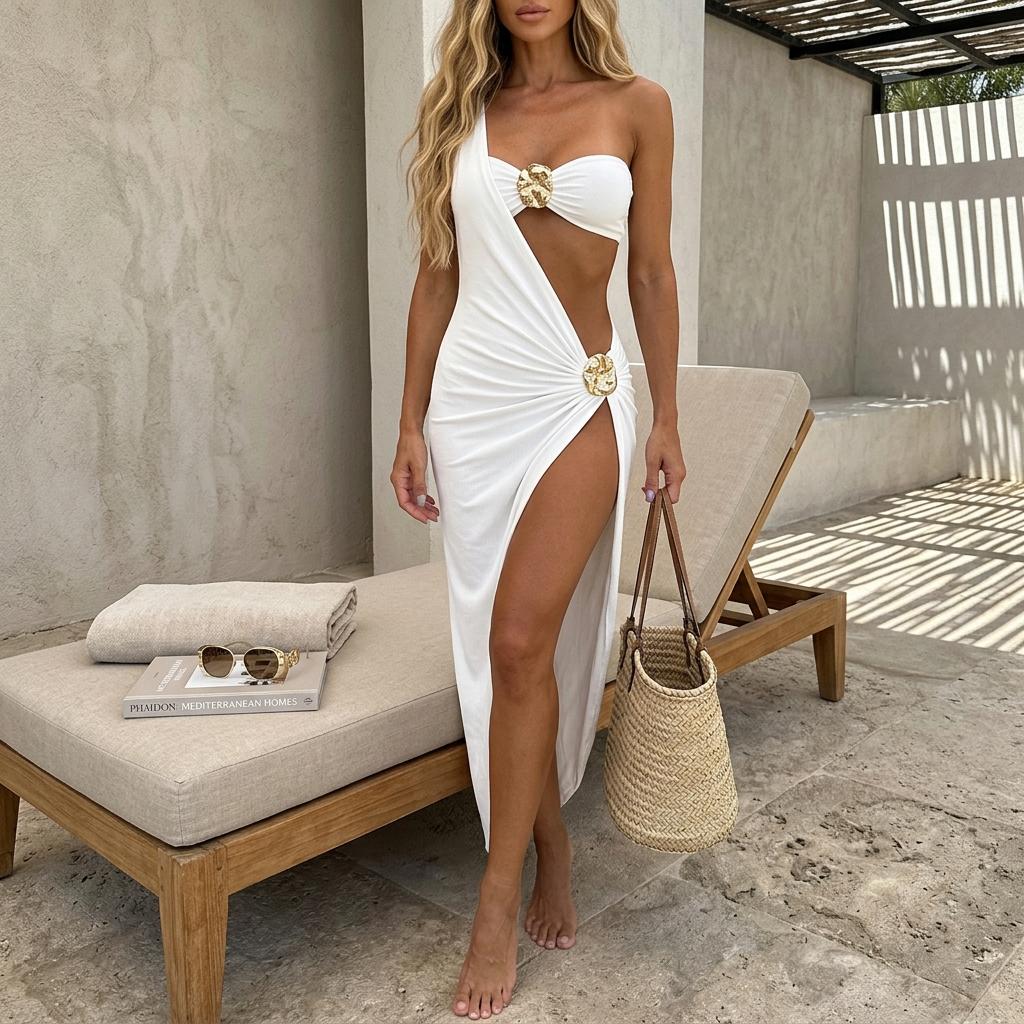 One Shoulder Cut Out Beach Dress, High Waist Slit Vacation Resort Cover Up