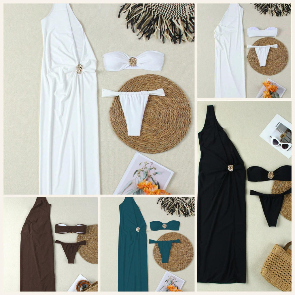 One Shoulder Cut Out Beach Dress, High Waist Slit Vacation Resort Cover Up