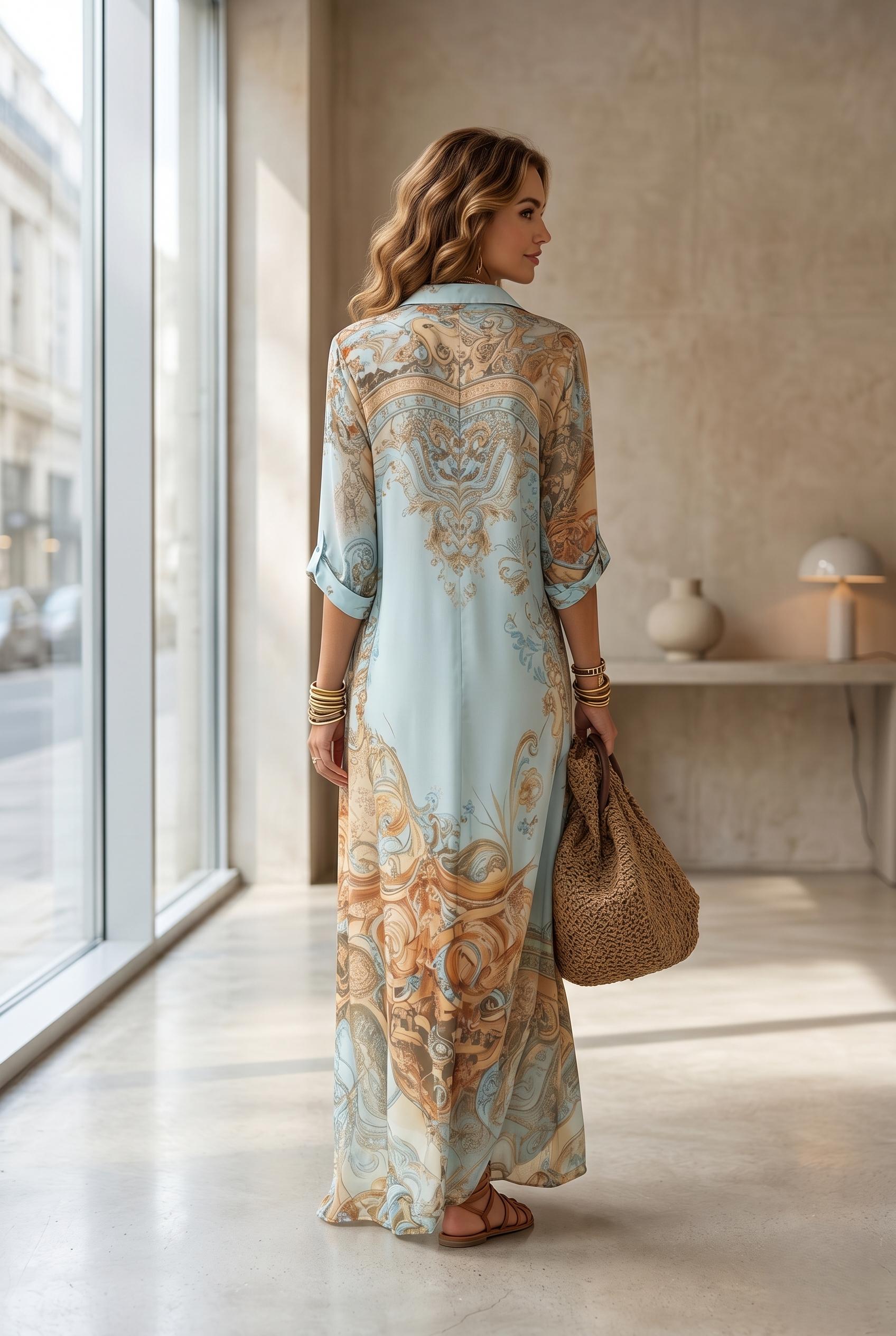 Women's Chiffon Shirt Dress, Elegant Digital Print Button Down Dress, Turndown Collar Flowy Boho Summer Dress, Casual Summer Midi Dress