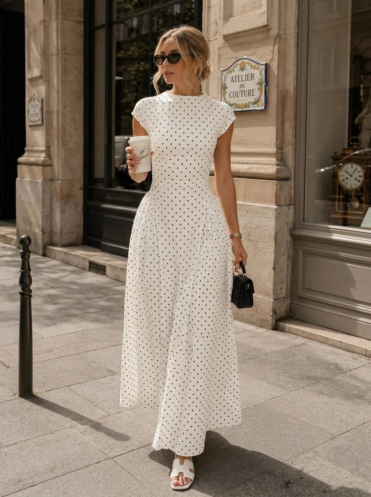 Polka Dot Maxi Dress Women – Elegant Vintage Parisian Chic Dress – White Black Brown Summer Dress – Tea Party Wedding Guest Outfit