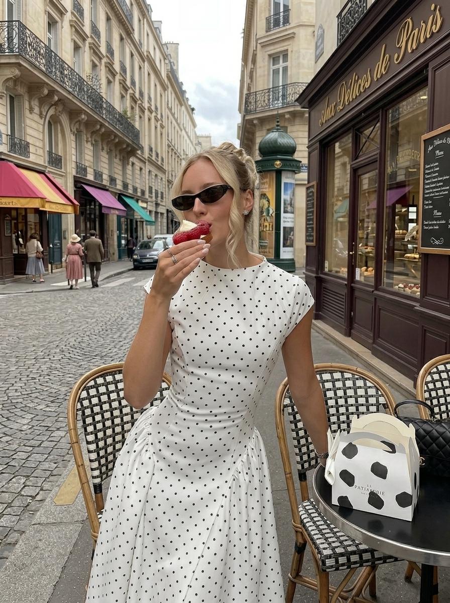 Polka Dot Maxi Dress Women – Elegant Vintage Parisian Chic Dress – White Black Brown Summer Dress – Tea Party Wedding Guest Outfit
