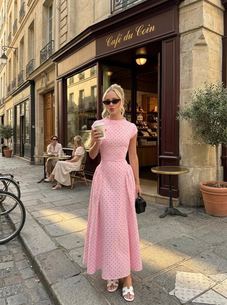 Polka Dot Maxi Dress Women – Elegant Vintage Parisian Chic Dress – White Black Brown Summer Dress – Tea Party Wedding Guest Outfit