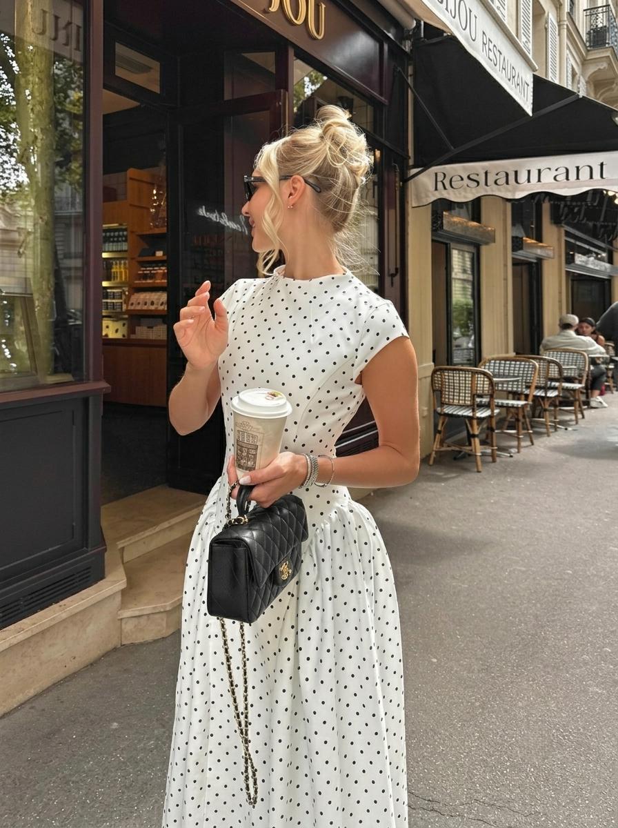 Polka Dot Maxi Dress Women – Elegant Vintage Parisian Chic Dress – White Black Brown Summer Dress – Tea Party Wedding Guest Outfit