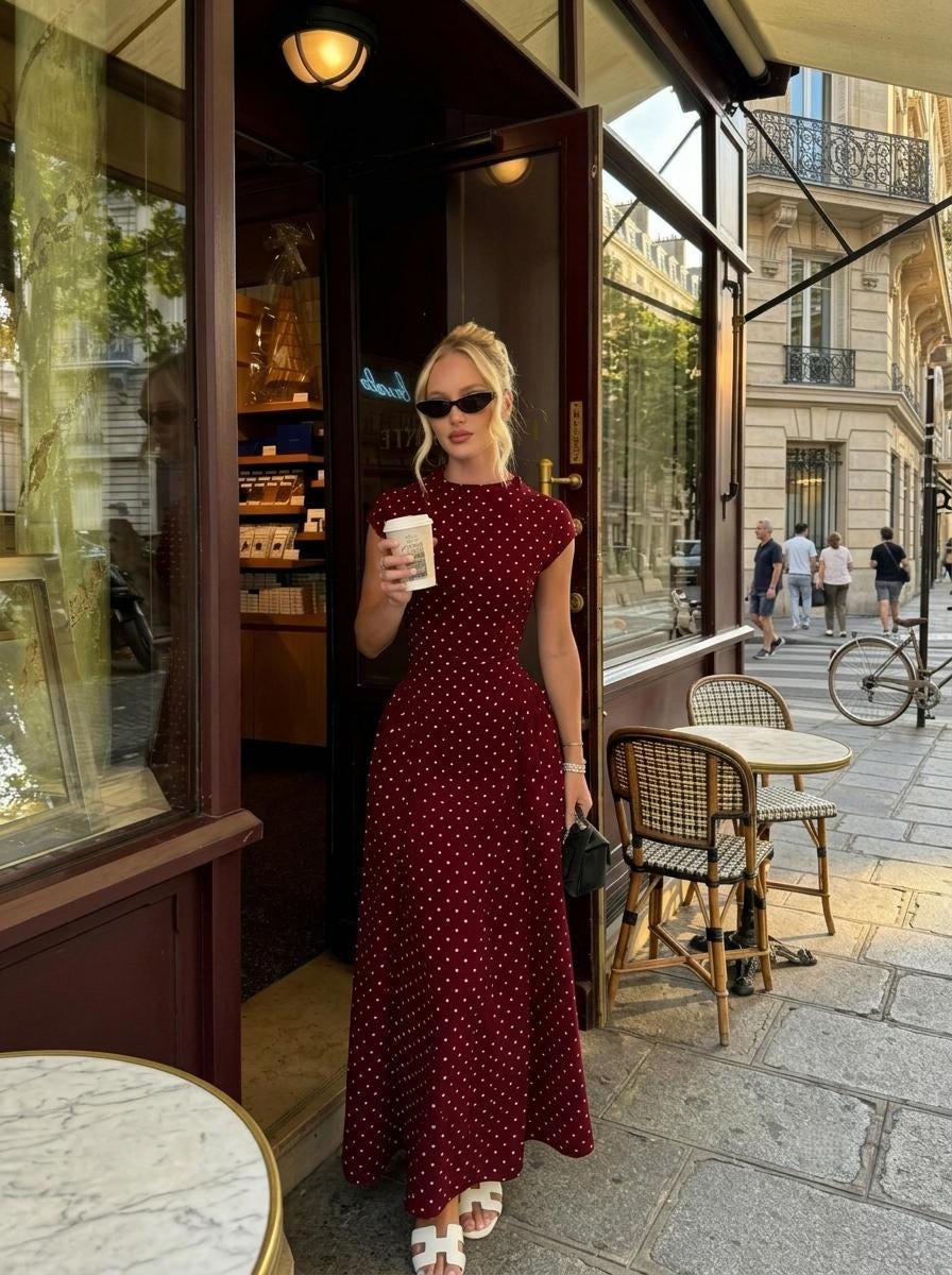 Polka Dot Maxi Dress Women – Elegant Vintage Parisian Chic Dress – White Black Brown Summer Dress – Tea Party Wedding Guest Outfit