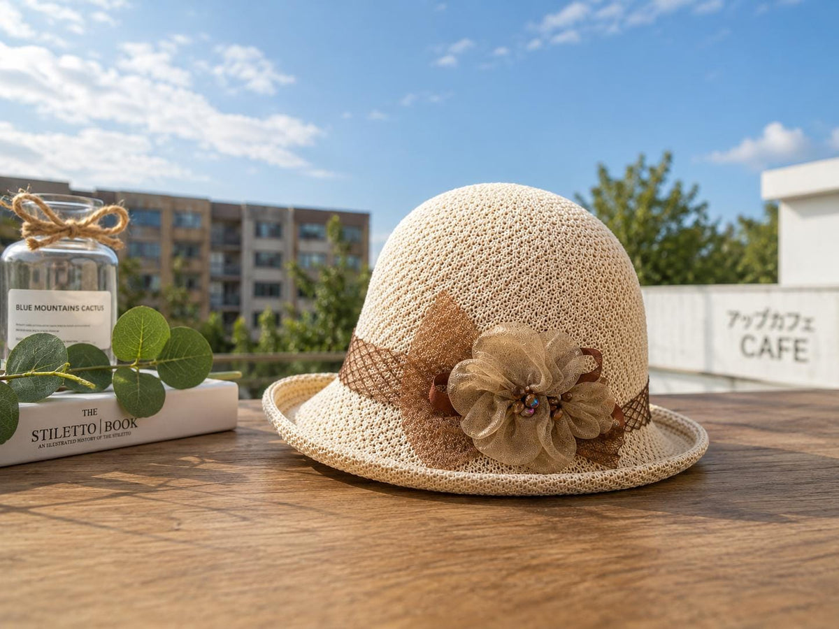 Women's Knitted Breathable Flower Fisherman Hat | Elegant Summer Sun Hat with Floral Accent & UV Shade Protection
