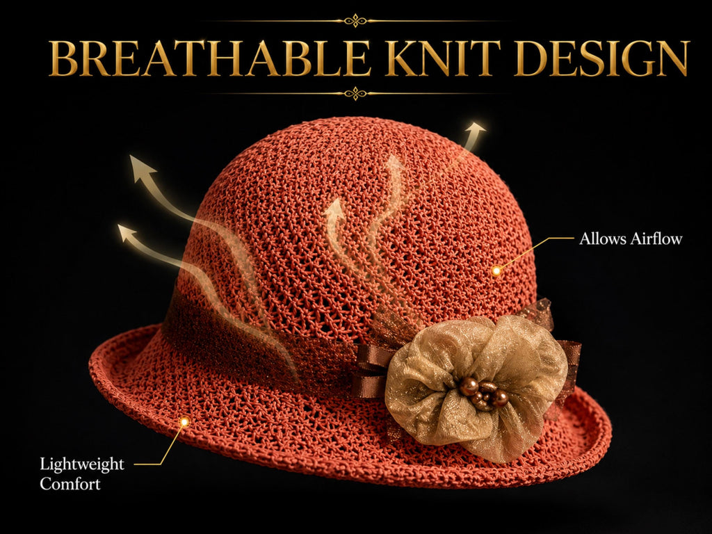 Women's Knitted Breathable Flower Fisherman Hat | Elegant Summer Sun Hat with Floral Accent & UV Shade Protection