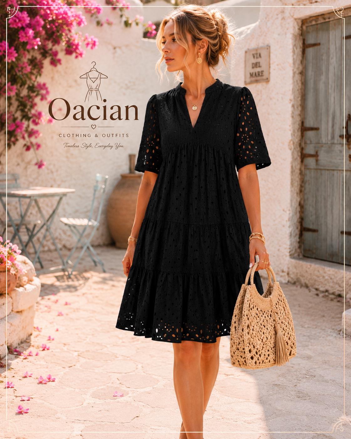 Boho Eyelet Mini Dress | V-Neck Ruffle Short Sleeve Cotton Blend Summer Vacation