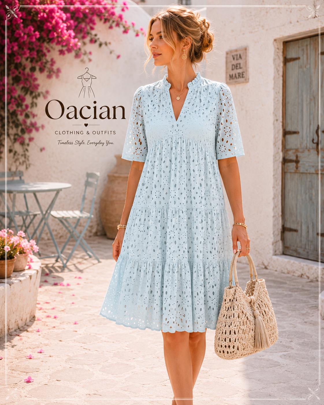 Boho Eyelet Mini Dress | V-Neck Ruffle Short Sleeve Cotton Blend Summer Vacation