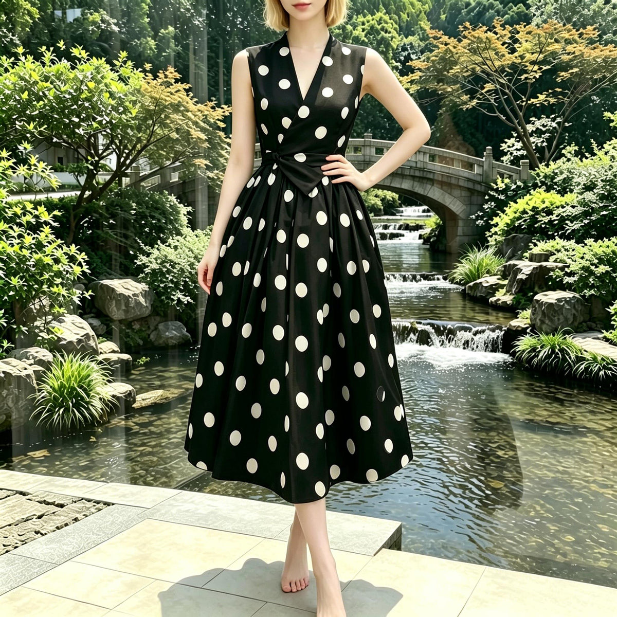 French Style Polka Dot Dress - 1950s Vintage Retro Summer Midi Dress,Elegant Sleeveless Wrap-Dress,V Neck Sleeveless Belted Swing Midi Dress