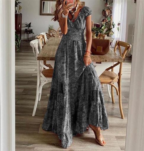 Women's Boho Floral Maxi Dress, V Neck Summer Dress, Flowy Vacation Party Outfit