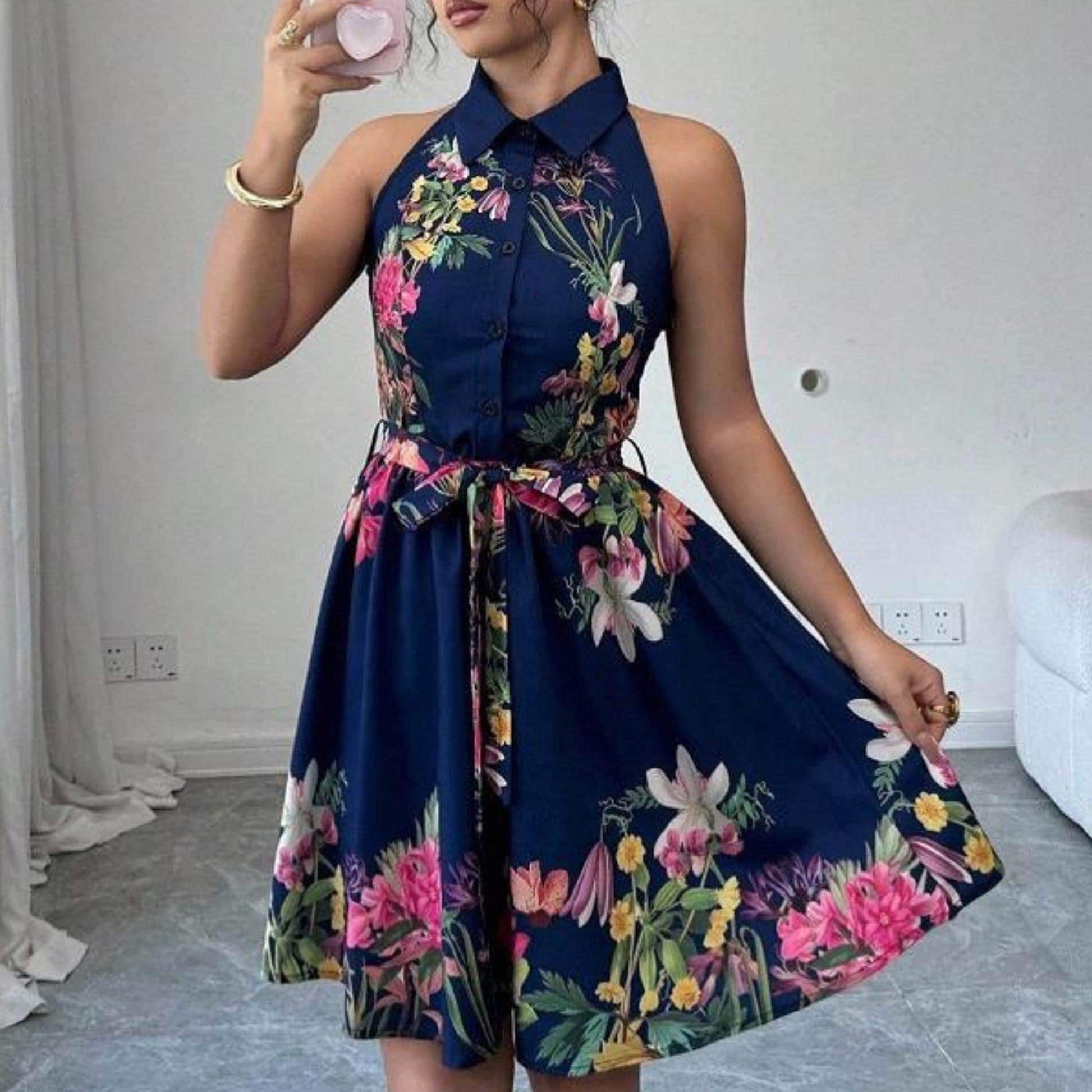 Floral Mini Dress | Sleeveless Halter Waist Tie | Party Wear | Chic Summer Style