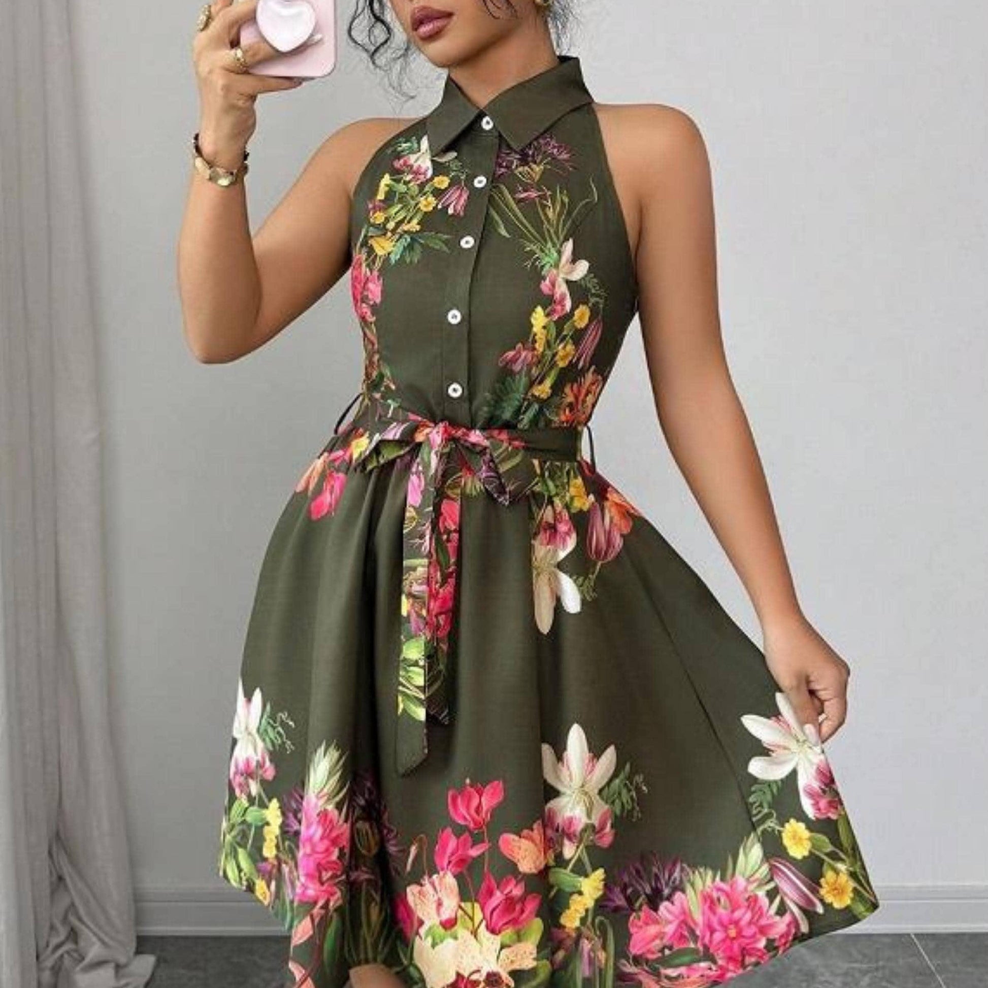 Floral Mini Dress | Sleeveless Halter Waist Tie | Party Wear | Chic Summer Style