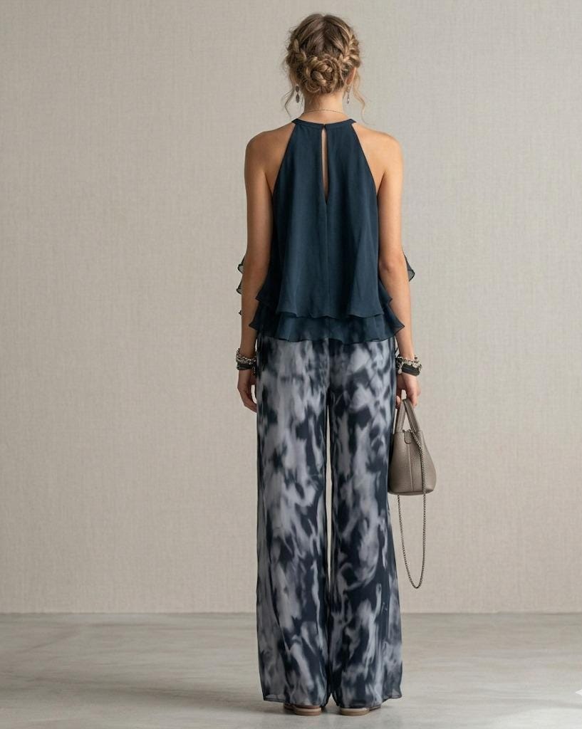 Navy Chiffon Halter Top & Printed Wide Leg Pants Set, Elegant Resort Wear
