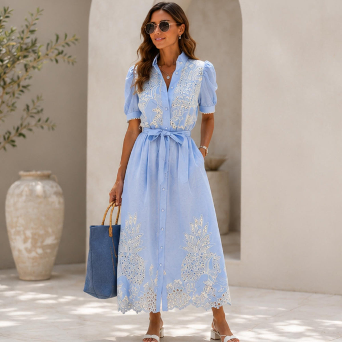 Embroidered Maxi Dress for Women, Boho Shirt Dress with Belt, Summer Button Front Dress, Holiday Outfit Gift, Bohemian Party Robe for Her