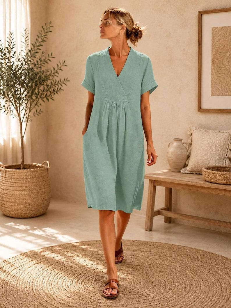 Women's Cotton Linen Dress | V Neck Midi Dress Loose Casual Boho Summer Vacation Outfit