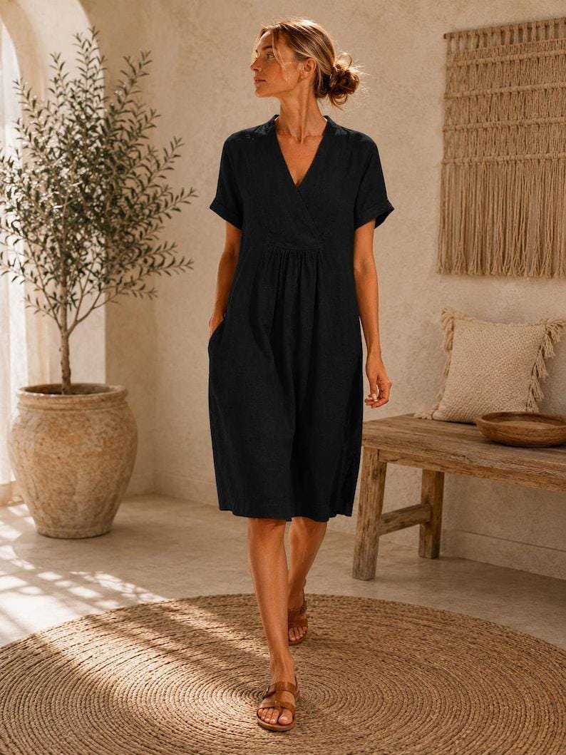 Women's Cotton Linen Dress | V Neck Midi Dress Loose Casual Boho Summer Vacation Outfit