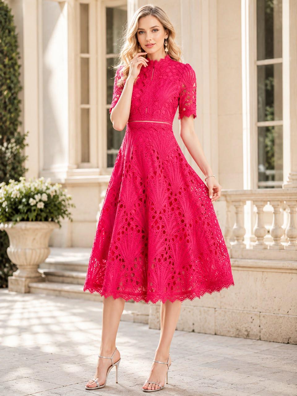 Floral Crochet Lace Midi Dress Hollow Patchwork Elegant Office Party Wear Spring Summer Outfit