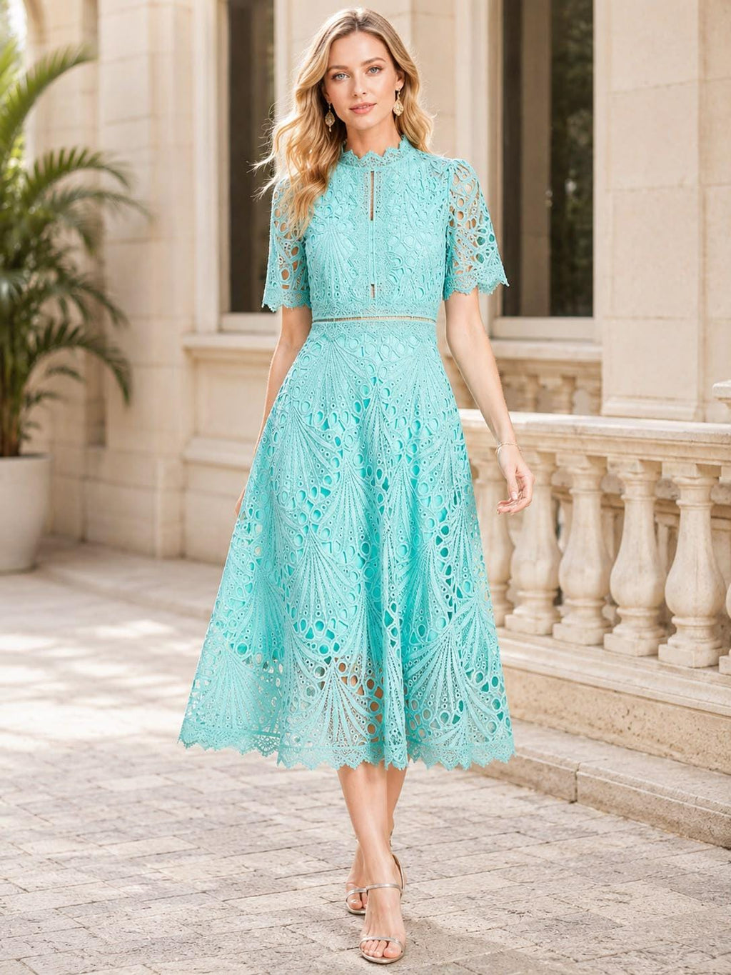 Floral Crochet Lace Midi Dress Hollow Patchwork Elegant Office Party Wear Spring Summer Outfit