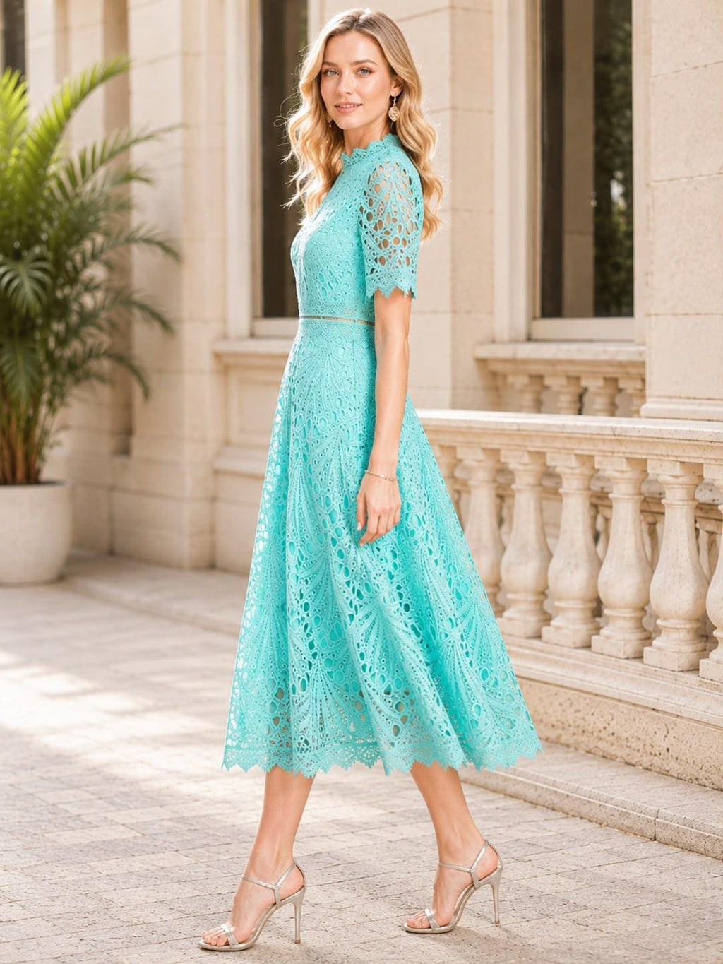 Floral Crochet Lace Midi Dress Hollow Patchwork Elegant Office Party Wear Spring Summer Outfit