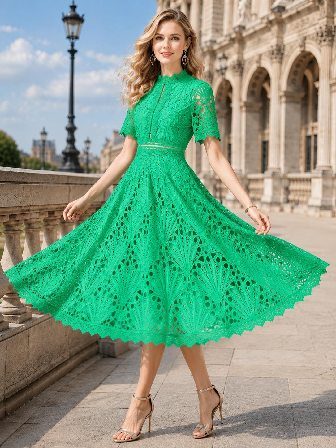 Floral Crochet Lace Midi Dress Hollow Patchwork Elegant Office Party Wear Spring Summer Outfit