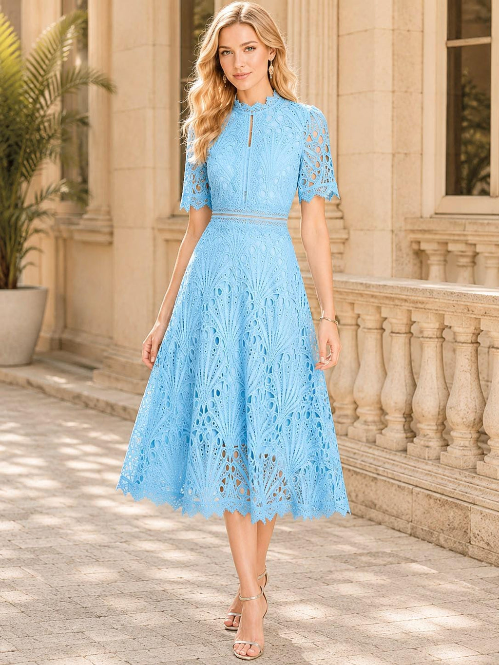 Floral Crochet Lace Midi Dress Hollow Patchwork Elegant Office Party Wear Spring Summer Outfit
