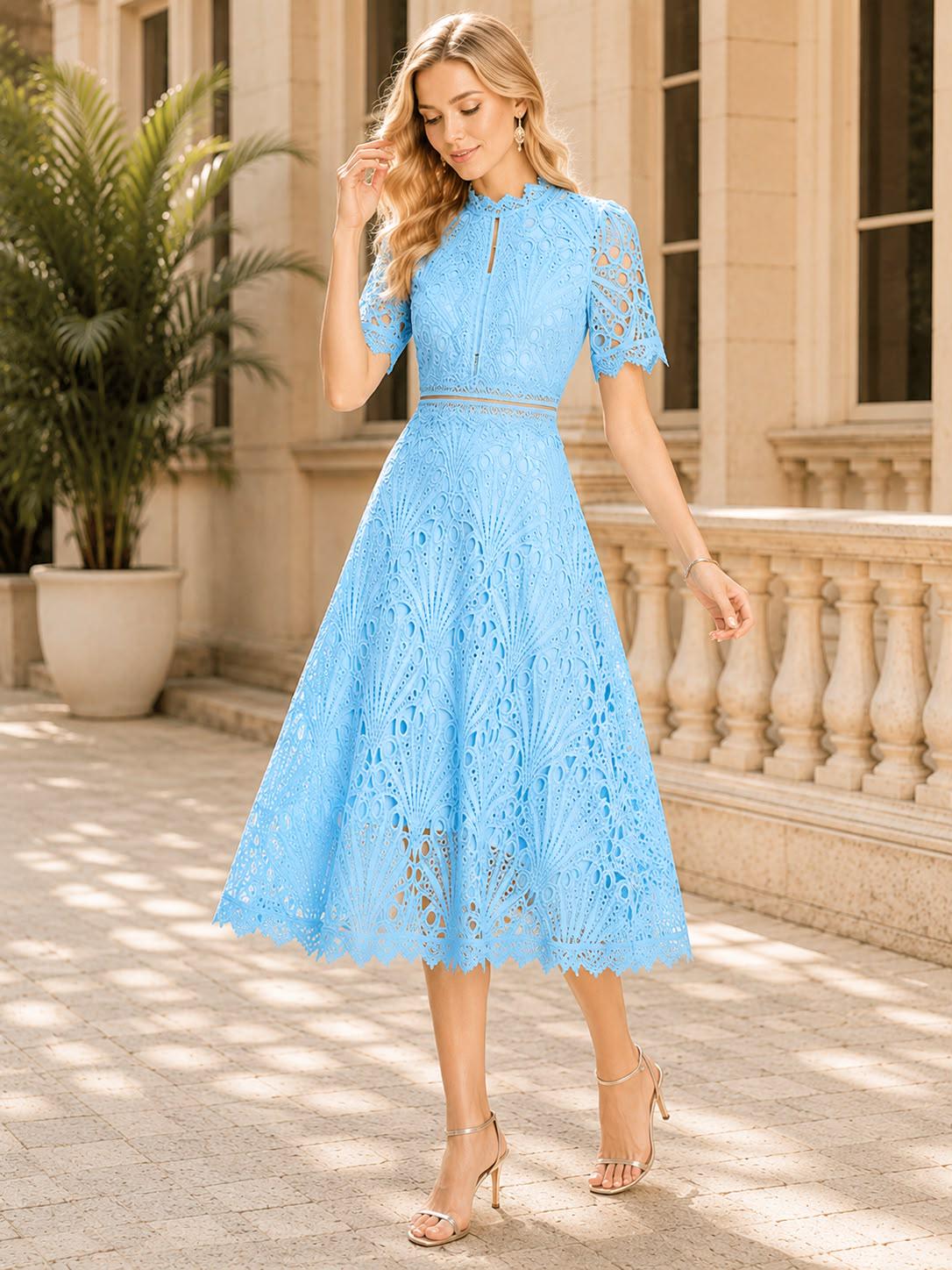 Floral Crochet Lace Midi Dress Hollow Patchwork Elegant Office Party Wear Spring Summer Outfit