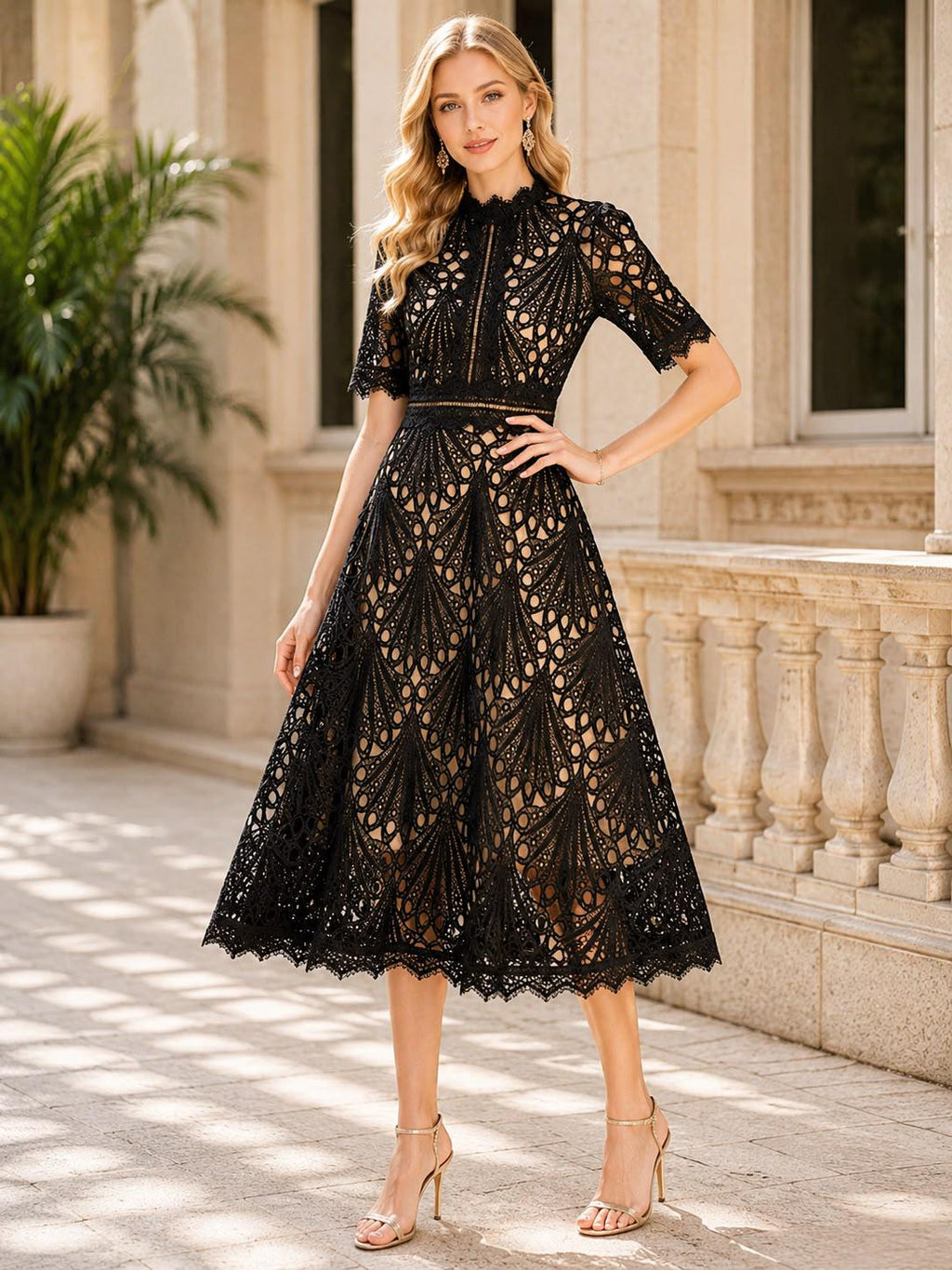 Floral Crochet Lace Midi Dress Hollow Patchwork Elegant Office Party Wear Spring Summer Outfit
