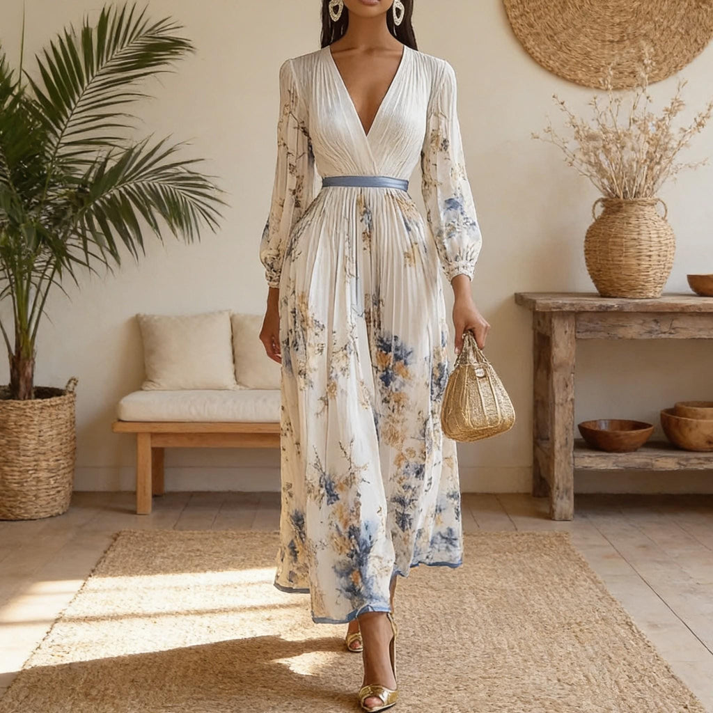 Floral V Neck Midi Dress for Women, Long Sleeve Pleated Dress, Elegant Boho Vacation Dress, Loose Fit Spring Summer Outfit
