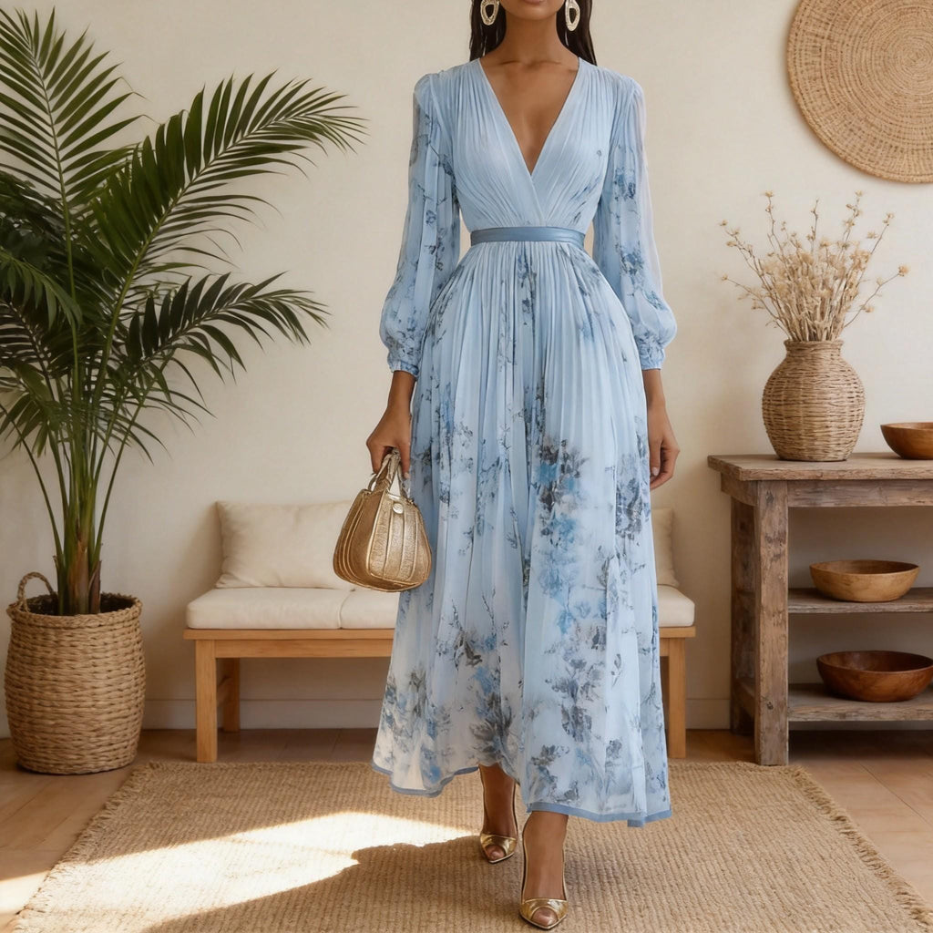 Floral V Neck Midi Dress for Women, Long Sleeve Pleated Dress, Elegant Boho Vacation Dress, Loose Fit Spring Summer Outfit