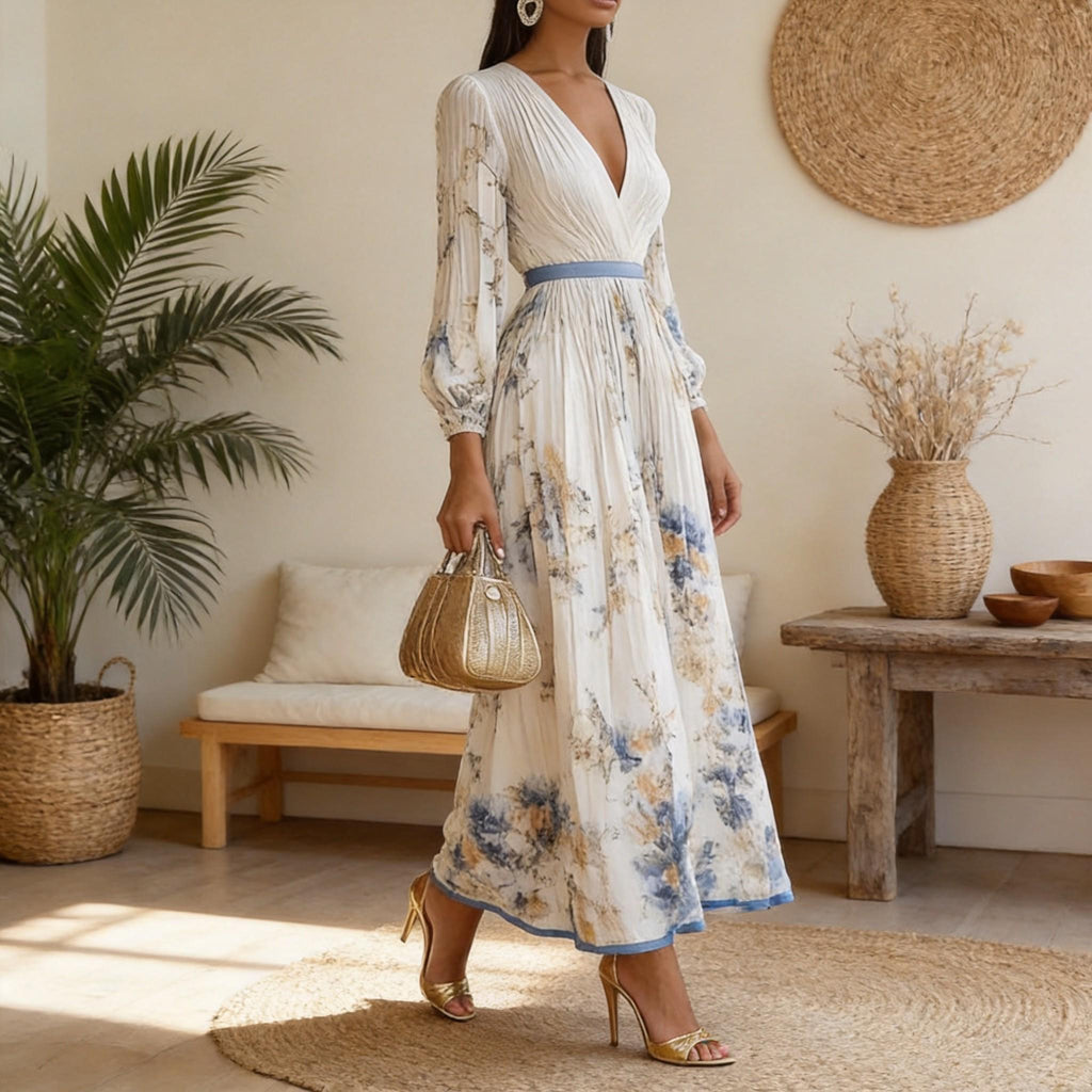 Floral V Neck Midi Dress for Women, Long Sleeve Pleated Dress, Elegant Boho Vacation Dress, Loose Fit Spring Summer Outfit