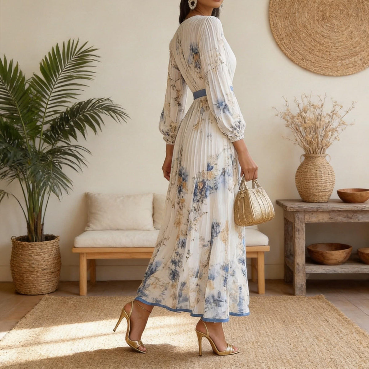 Floral V Neck Midi Dress for Women, Long Sleeve Pleated Dress, Elegant Boho Vacation Dress, Loose Fit Spring Summer Outfit
