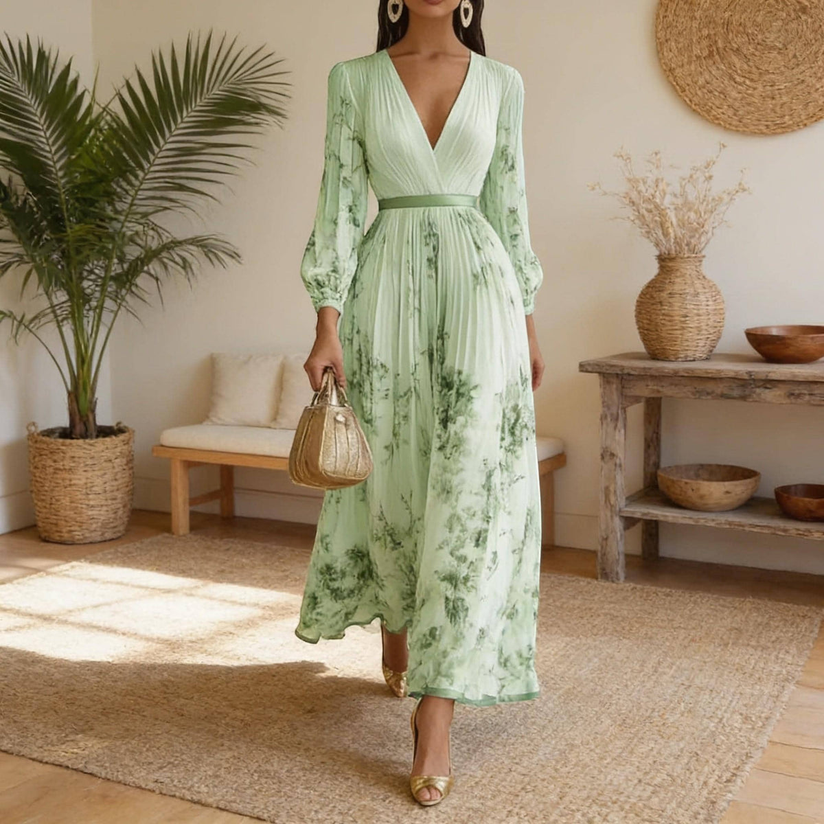Floral V Neck Midi Dress for Women, Long Sleeve Pleated Dress, Elegant Boho Vacation Dress, Loose Fit Spring Summer Outfit
