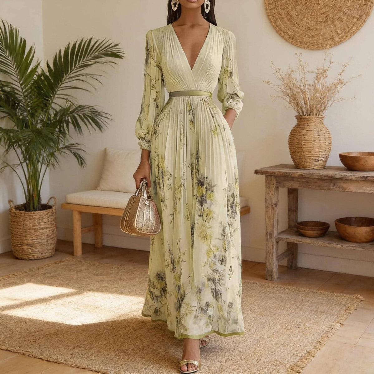 Floral V Neck Midi Dress for Women, Long Sleeve Pleated Dress, Elegant Boho Vacation Dress, Loose Fit Spring Summer Outfit