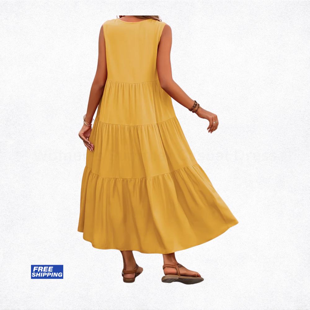 Women's Summer Midi Dress, Elegant Yellow Black Flowy Vacation Party Dress