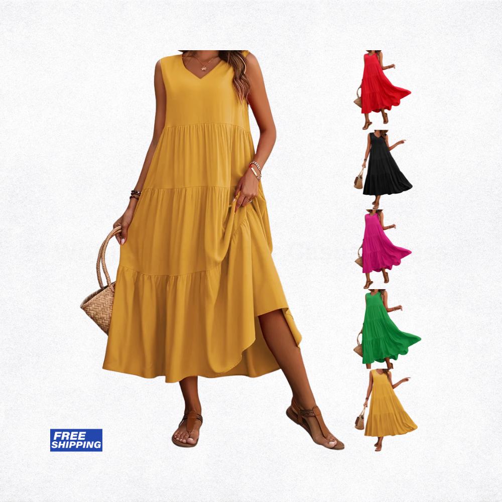 Women's Summer Midi Dress, Elegant Yellow Black Flowy Vacation Party Dress