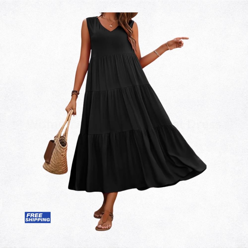Women's Summer Midi Dress, Elegant Yellow Black Flowy Vacation Party Dress