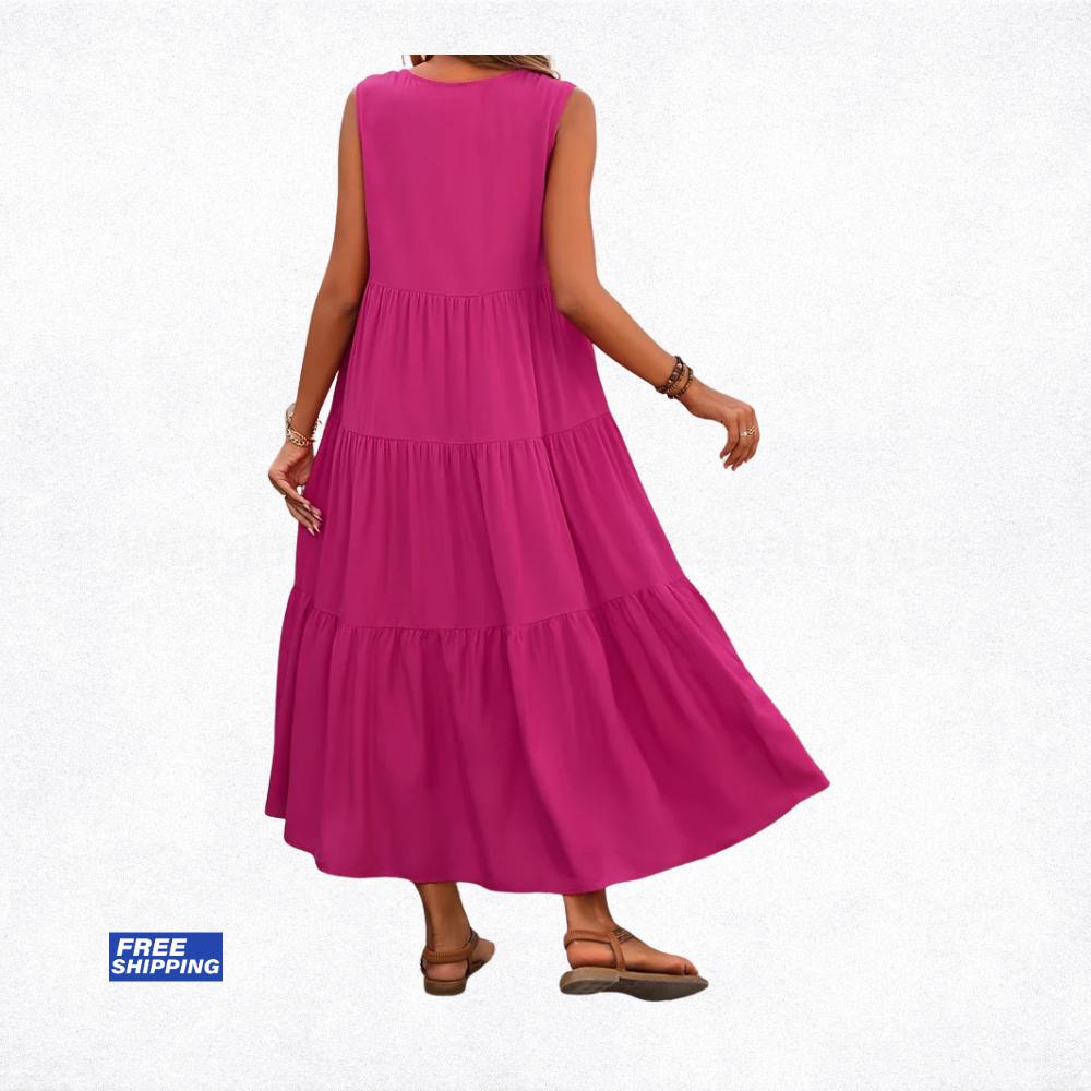 Women's Summer Midi Dress, Elegant Yellow Black Flowy Vacation Party Dress