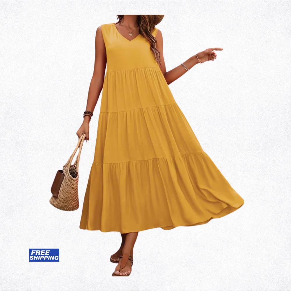 Women's Summer Midi Dress, Elegant Yellow Black Flowy Vacation Party Dress